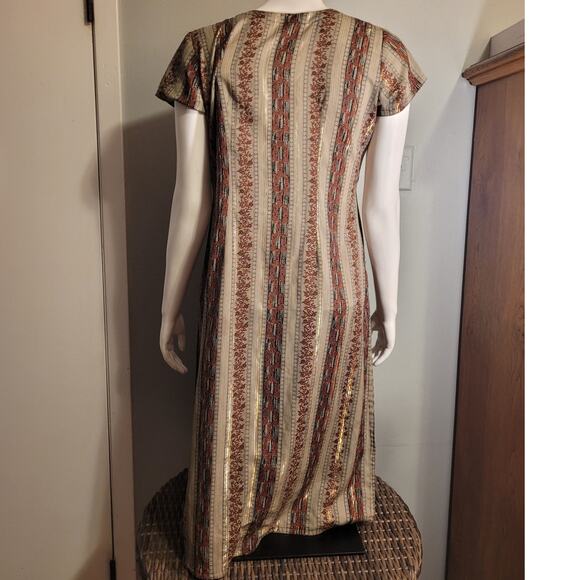 Handmade Tribal Metallic Slinky Maxi Dress M Far East Liquid Gold Unique Boho - Picture 6 of 9